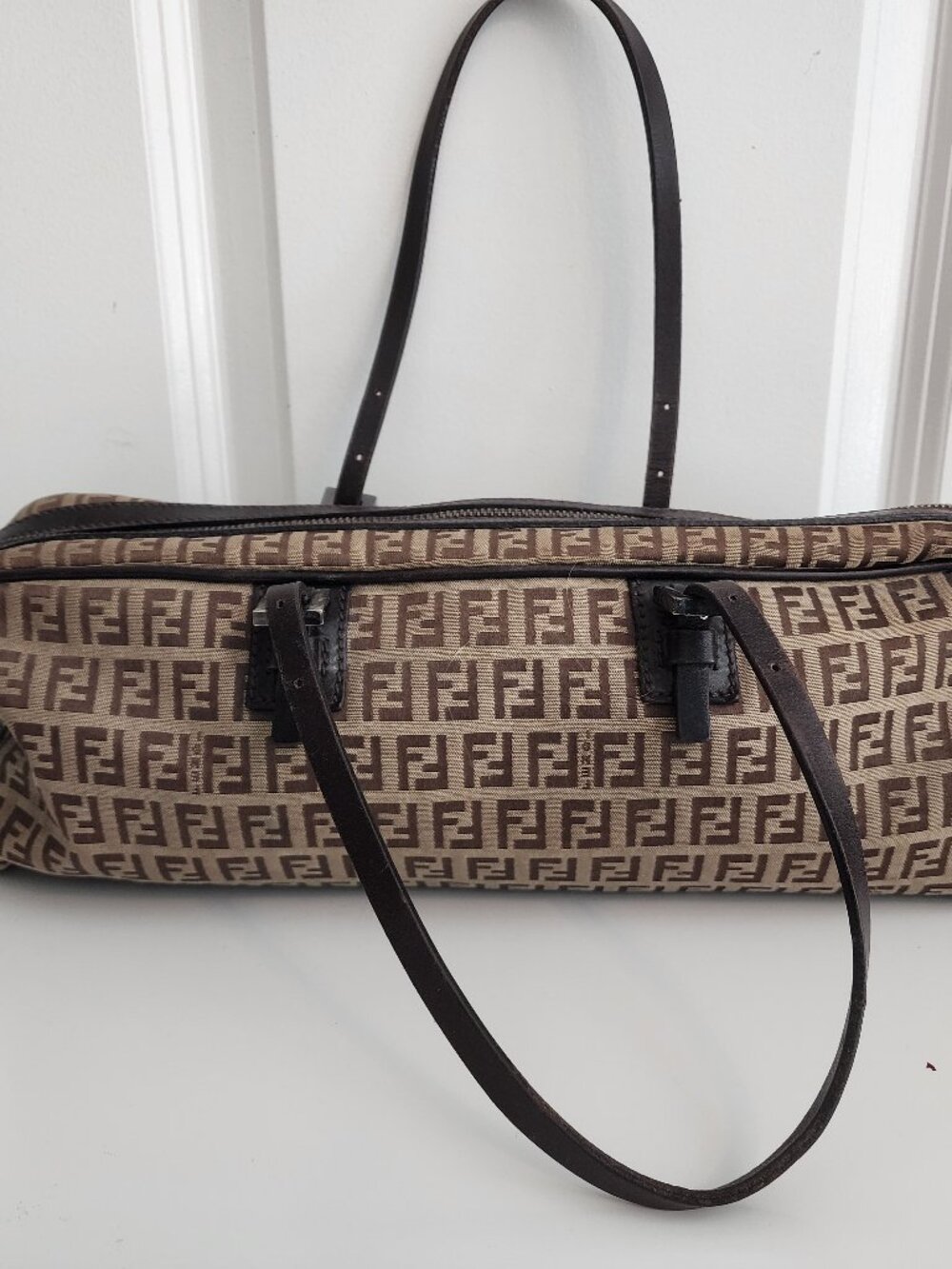 Fendi Mamma Baguette Zucca FF Monogram Canvas Shoulder Bag Brown Vintage Italy